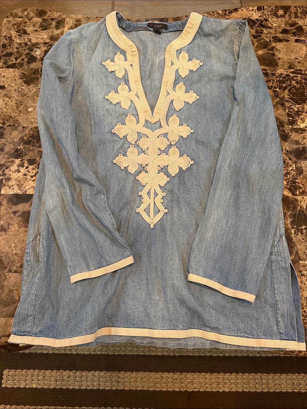 J. Crew Light Blue Denim Tunic with Cream Embroidery